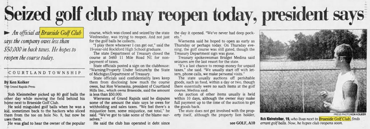 Braeside Golf Club - Jul 20 2001 Article On Tax Issue (newer photo)